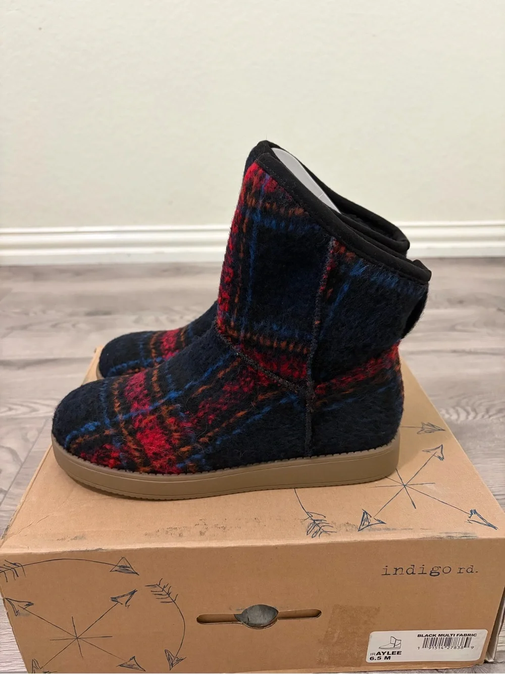 Indigo Plaid Faux-Fur Lined Winter Boots in Navy, Red & Blue